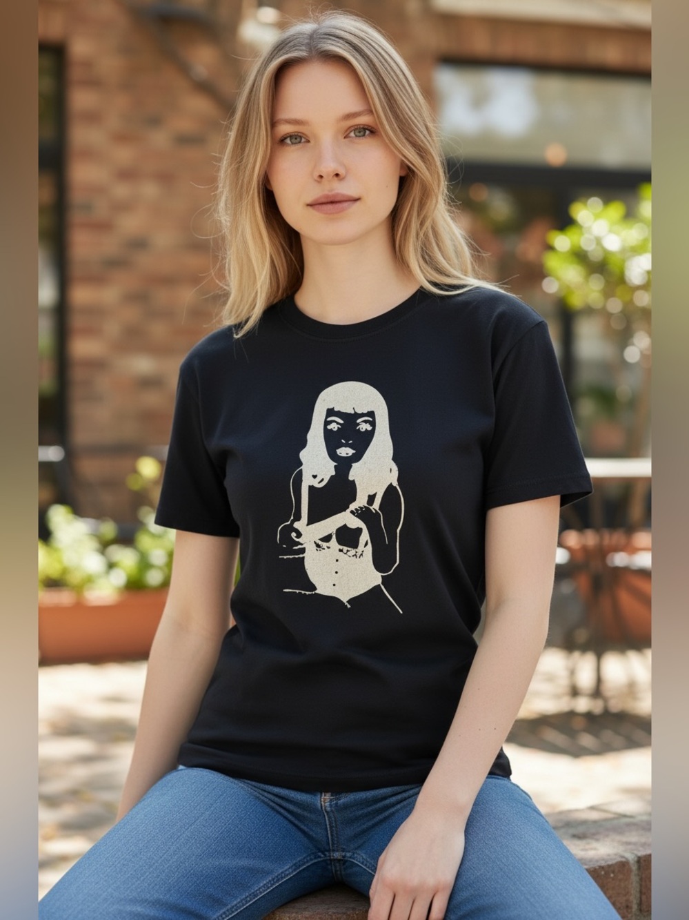 Rinascimento Tricot black graphic tee with pin-up illustration